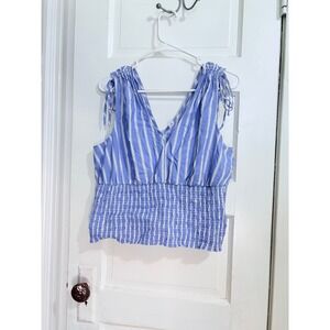 Old Navy Womens Coastal Nautical Blue White Striped Smocked V-Neck Top Large